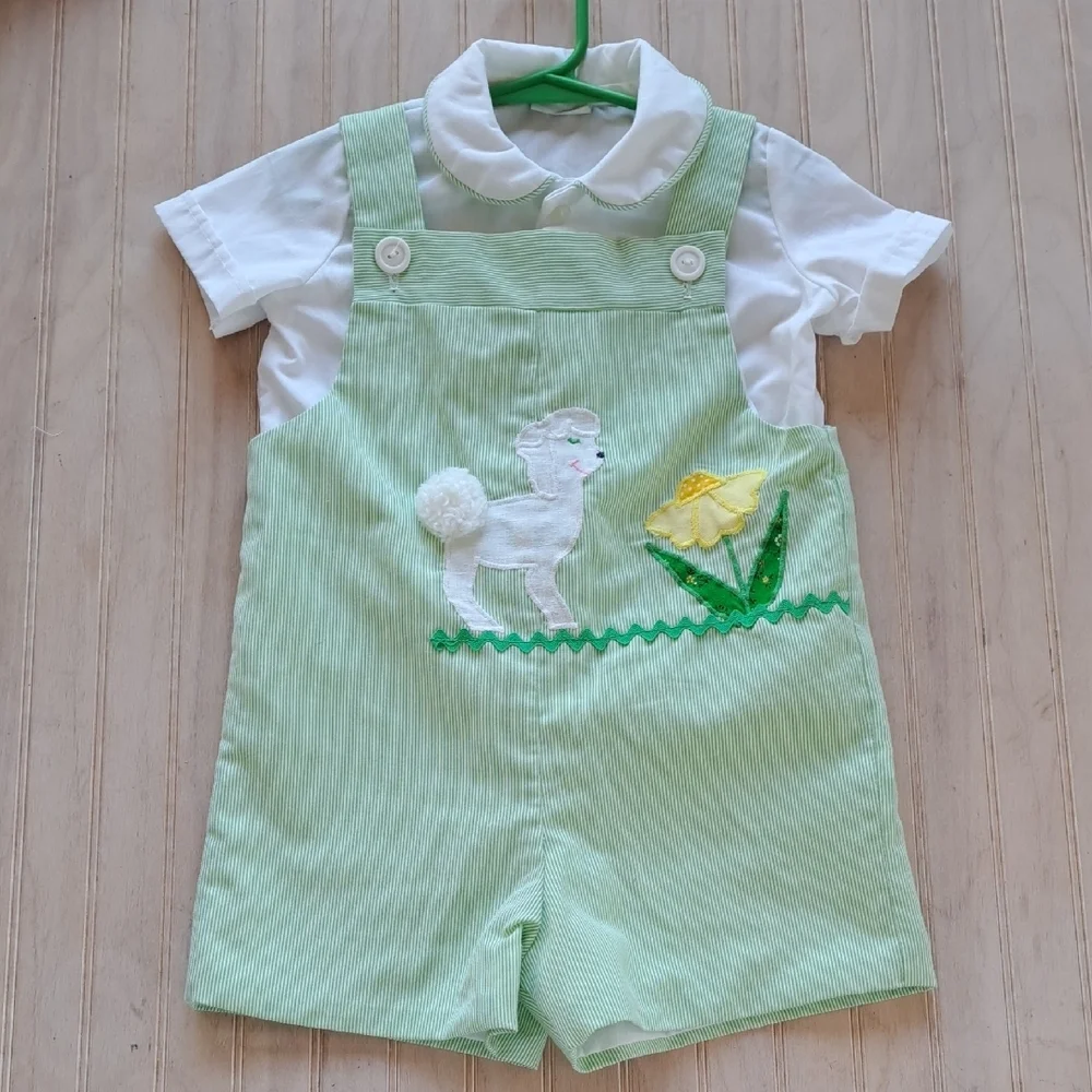 The Pond Vintage Green Pinstripes  Romper Patchwork Lamb 2 Piece Lightweight